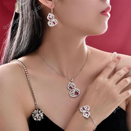 俊恒珠宝s925纯银福禄葫芦项链高碳钻耳饰小众高级感设计三件套装